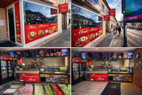 Restaurantansicht mit Menü, Außenwerbung und hellem, einladendem Innenraum.